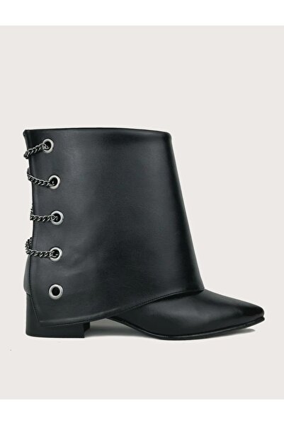butikpabuc Μαύρες δερμάτινες γυναικείες μπότες με φαρδιά κοπή και αλυσίδα