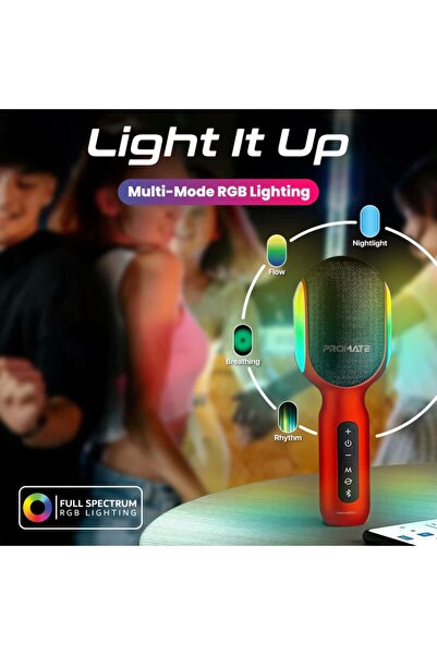 Promate 5in1 wireless karaokw microphone & speaker with dynamic rgb lights red