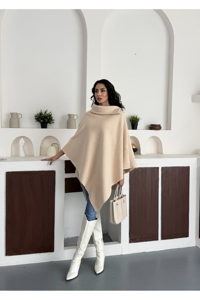 moda biz Women's Beige Woven Collar Button Detailed Stylish Designed Hijab Poncho