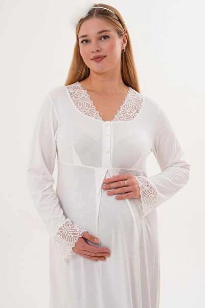 Mecit Pijama Μακρυμάνικο νυχτικό εγκυμοσύνης με λεπτομέρεια από γκιπούρ 65% βαμβάκι 35% βισκόζη