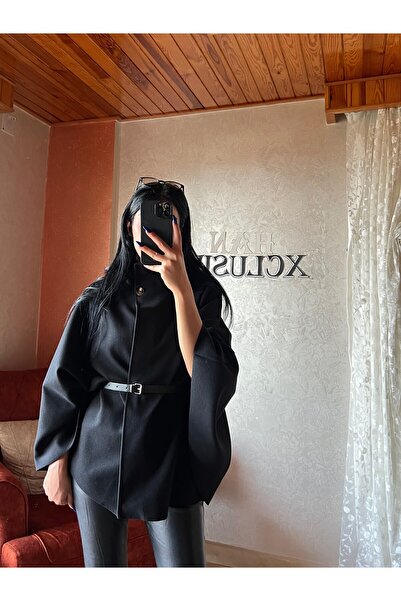 HAN EXCLUSİVE Siyah Kaşe Kemerli Panço