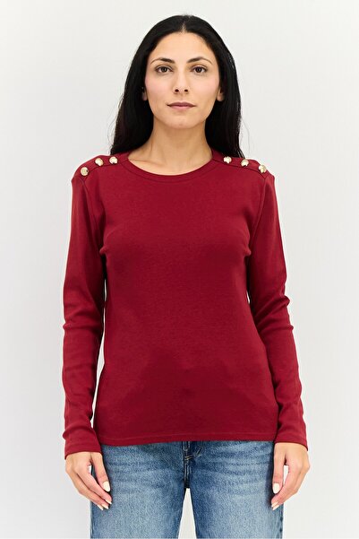 Rafaella Women Crew Neck Long Sleeves Plain Top, Deep Red