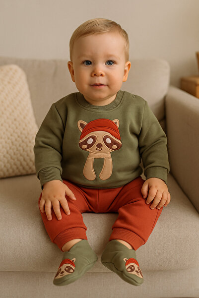 Necix's Erkek Bebek Panduflu Rakun Desenli 3 İplik Şardonlu Kışlık Uzun Kollu...