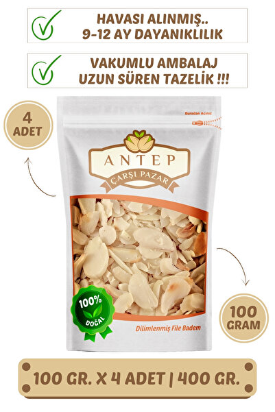 Antep Çarşı Pazar Dilimlenmiş File Badem | 100 Gr. X 4 Adet | VAKUMLU AMBALAJ