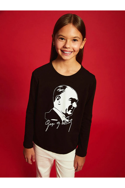 LC Waikiki LCW Kids Kırmızı Bisiklet Yaka Atatürk Baskılı Kız Çocuk Tişört