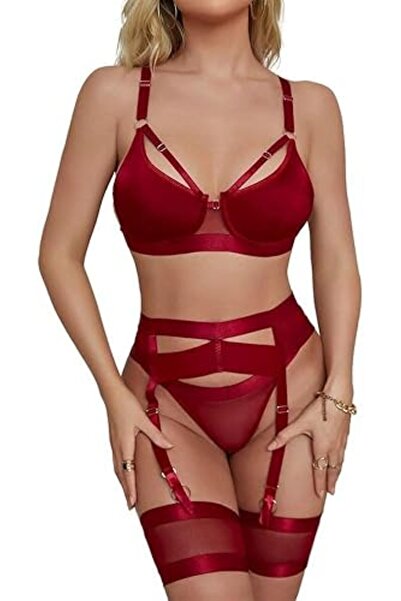 Margoun Women Lingerie Sets with Garter Belt 4 Pieces Lace Teddy Babydoll Bodysuit MG06