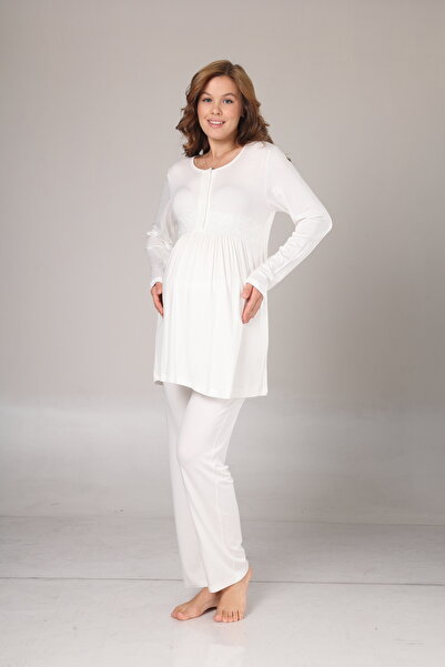 Nisy Collection Kışlık Bej Dokulu Sabahlıklı Lohusa Pijama Takımı