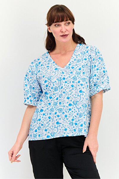 Draper James Women V Neck Short Sleeve Floral Print Top, Multicolor