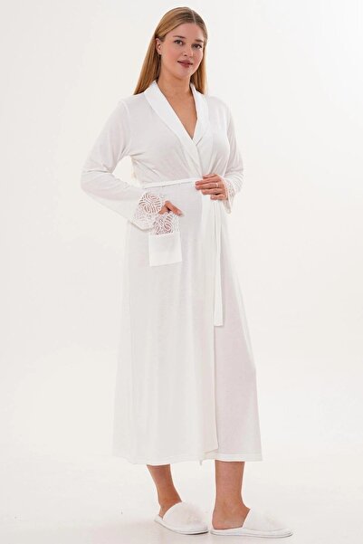 By Mecit Pijama Women's Long Belted Dressing Gown with Pocket and Guipure Detail 65% Cotton 35% Viscose