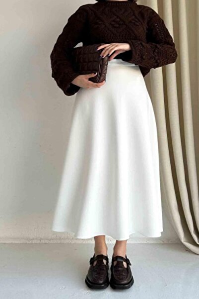 greymoda ΛΕΥΚΟ Γυναικείο ύφασμα Scuba Puff Flared Hijab και καθημερινή φούστα ΜΕΓΕΘΟΣ:94-95cm