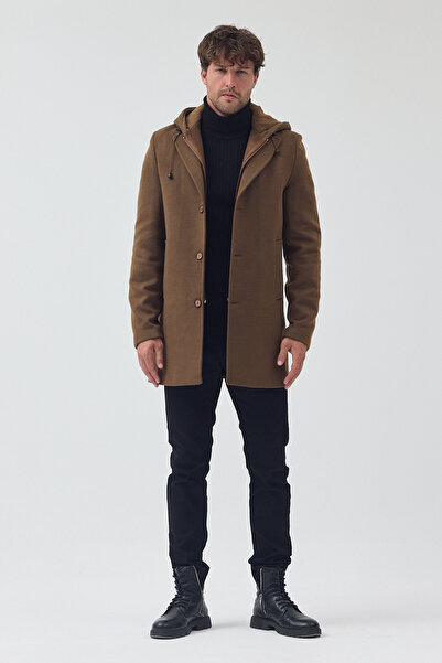 TREND KOMBİN Мъжко палто с качулка от вълна, полуподплатено, със стандартен десен в цвят табак и цип