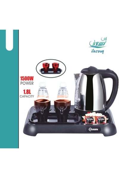 KRAWN Crown Hotel Kettle Set with 2 Ceramic Cups, 1.8 L