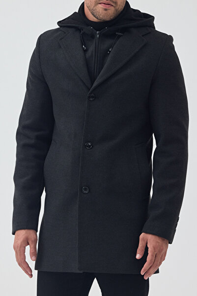 TREND KOMBİN Men's Black Color Standard Fit Zippered Half Quilted Hooded Cashmere Coat