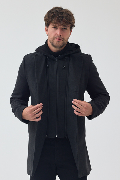 TREND KOMBİN Men's Anthracite Color Standard Fit Zippered Half Quilted Hooded Cashmere Coat