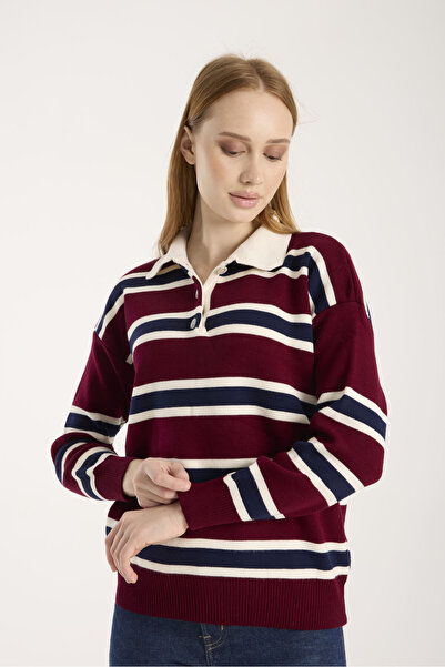 İLKCET MODA Γυναικείο πλεκτό πουλόβερ με ριγέ κουμπιά στο λαιμό