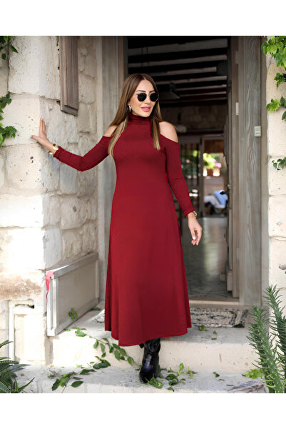 Sisa Butik Kadın Balıkçı Yaka Omuzlardan Açık Uzun Kollu Janjan Krep Elbise