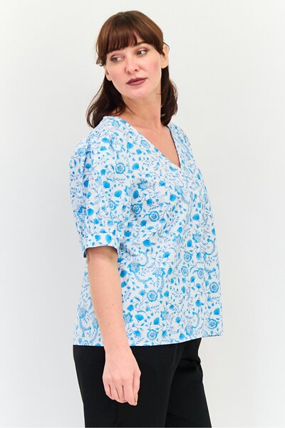 Draper James Women V Neck Short Sleeve Floral Print Top, Multicolor