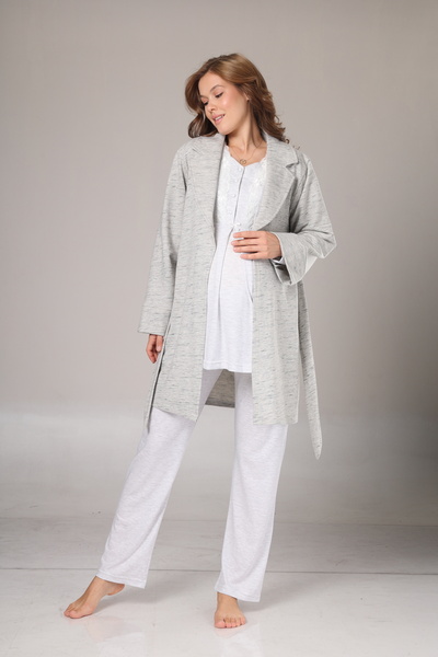 Nisy Collection Gray Melange Winter Maternity Pajama Set with Dressing Gown
