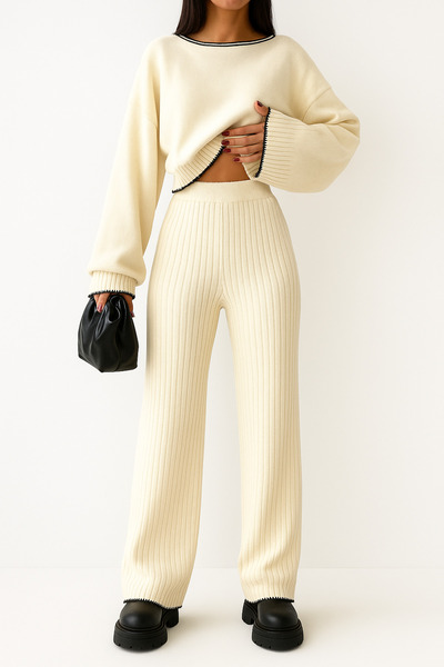 DağdevirenTkstl Shepherd Detailed Women's Cream Knitwear Set
