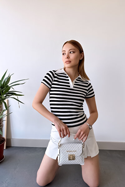 LACHT Women's Black Striped Polo Neck Ribbed Knit Short Sleeve Blouse