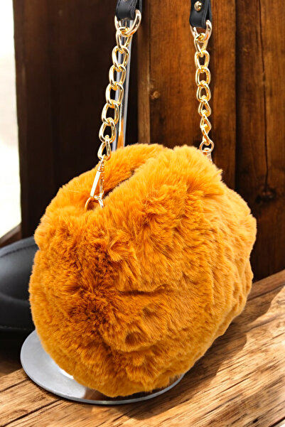HFKY Geantă de pluș pentru femei. Geantă de umăr din pluș cu detaliu de lanț din piele. Geantă Messenger.