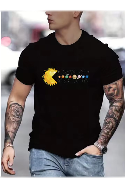 TİMİSİVA Унисекс овърсайз PACMAN печатна памучна блуза с къс ръкав и обло дек...