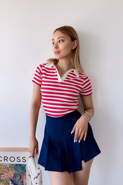 LACHT Women's Pink Striped Polo Neck Ribbed Knit Short Sleeve Blouse