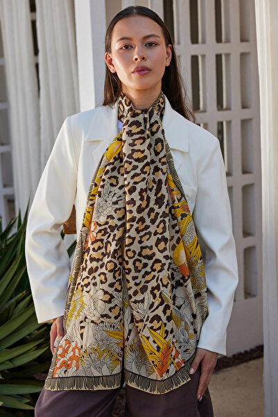 FENZA SCARF Leopar Desenli %100 Saf İpek Şal - Bej