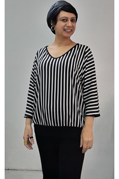 Mertcan Butik Black Cream Striped V-Neck Bat Three-Quarter Sleeve Combed Viscose T-Shirt
