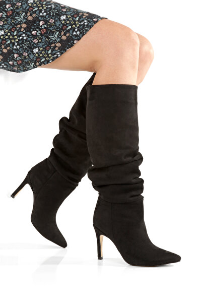 PİMORA ''ELEONORA'' Μαύρες μπότες από σουέτ με μυτερό κορδόνι 9 εκ. Λεπτό τακούνι Νέα σεζόν