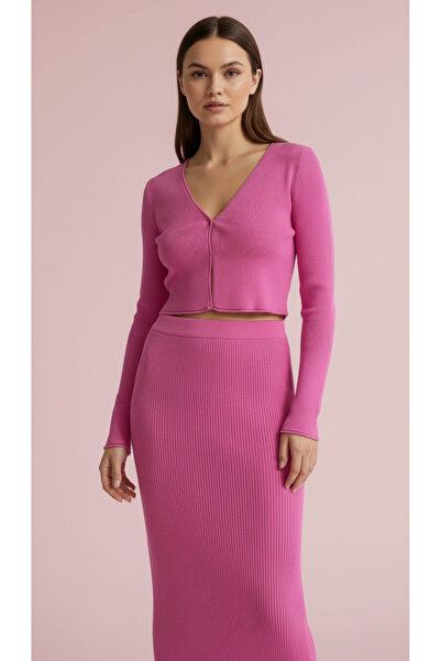 Digz fashion Pembe Fitilli Düz Uzun Triko Etek