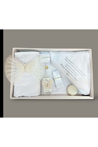 KidsMagazin Set botez ivory cu fundă, fluture brodat