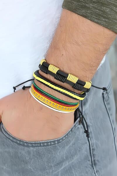 Skygo Yellow studded leather men's bracelet set - tj-eb1342