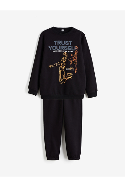 LC Waikiki Lcw Kids Black Crew Neck Printed Boys Tracksuit Set