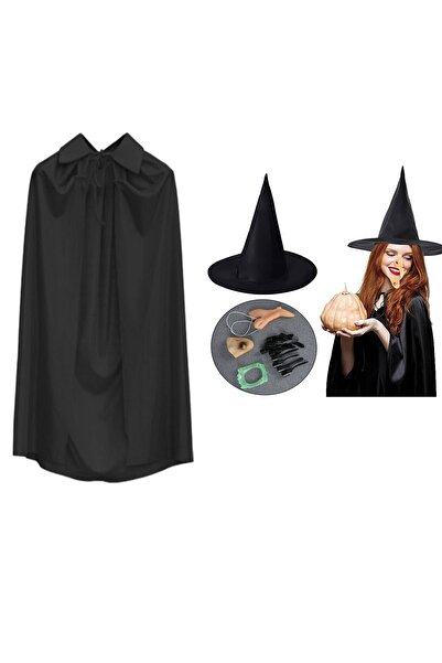 Skygo Witch Costume Set 6 Pieces - Hat Cape Teeth Fingernails Chin and Nose
