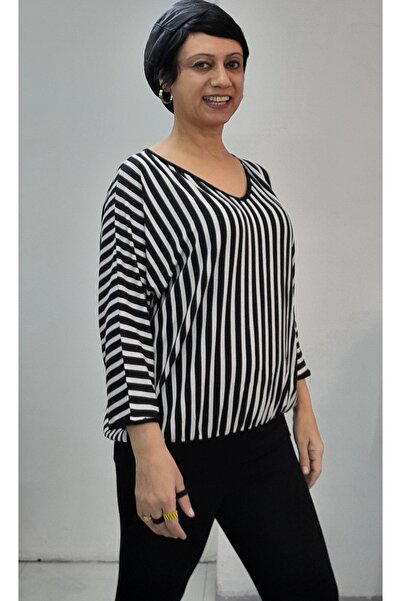 Mertcan Butik Black Cream Striped V-Neck Bat Three-Quarter Sleeve Combed Viscose T-Shirt