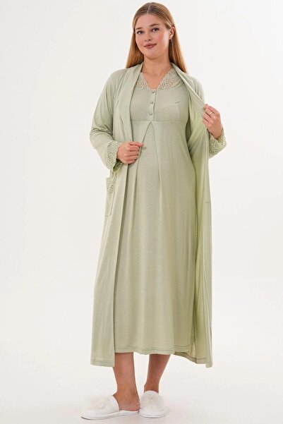 Mecit Pijama Γυναικείο Νυχτικό με Λεπτομέρεια Γκουπέρ Μακρυμάνικο Σετ Νυχτικό 2 τεμαχίων για Μητρότητα (Εγκύους) 65% Βαμβάκι 35% Βισκόζη