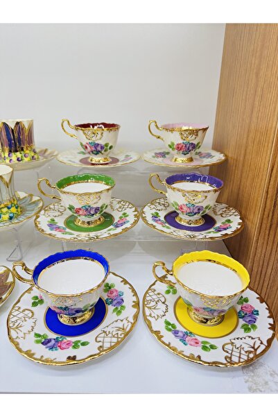 EVRA 6 Kişilik 24K Altın Yaldızlı Yeni El Boyaması Kahve Fincan Takımı m1