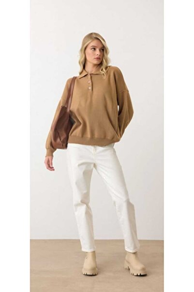 NOTCHTR Women's Plain Basic Button Detailed Polo Neck Knitwear Sweater