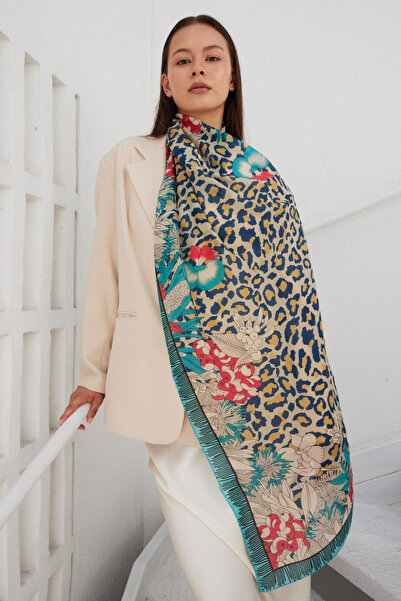 FENZA SCARF Leopar Desenli %100 Saf İpek Şal - Turkuaz
