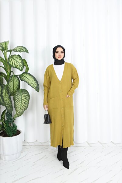 NİSUM MODA Long Knitted Cardigan with Pockets