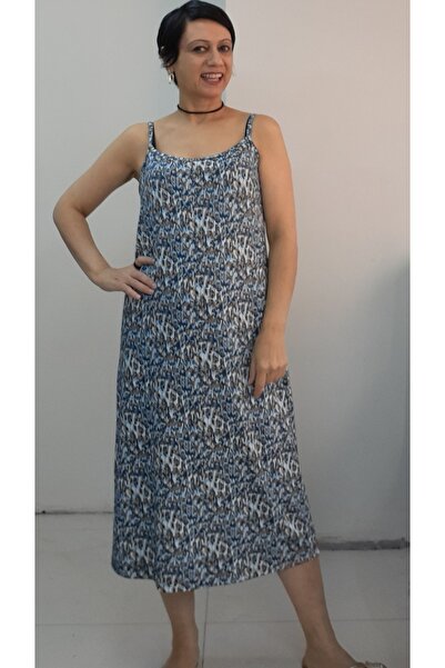 Mertcan Butik Blue Latte Indigo Patterned Rope Strap Combed Viscose Dress