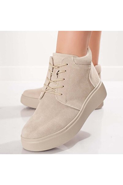 Botinelli Women's Beige Fur-Lined Boots Made of Genuine Suede Leather Navara, 38