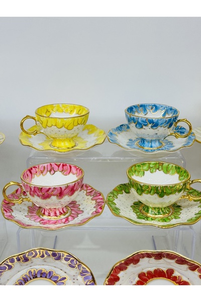 EVRA 6 Kişilik 24K Altın Yaldızlı Yeni El Boyaması Kahve Fincan Takımı m6