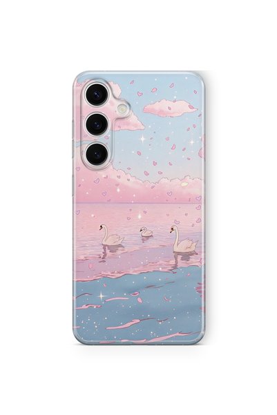 FLAMENKO Samsung Galaxy S23 Fe Compatible Pink Sky and Swan Pattern Transpare...