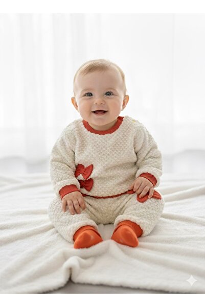 ninnigo Baby Girl Plush Bow Detailed Soft Top and Bottom Baby Set, Set of 2