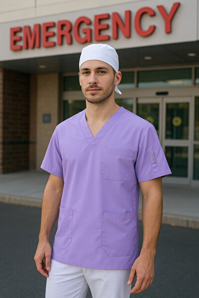 mirach Set of 2 Men's Emergency Paramedic Workers Medical Uniform Single Top Scrubs White Surgical Cap with Gift