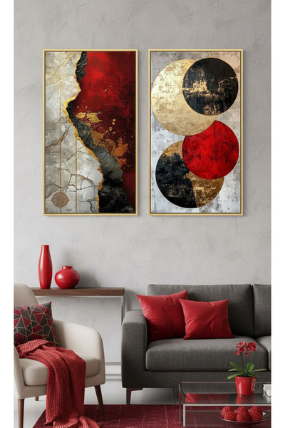 Linacci Set of 2 Gold Metal Frame Red Black Glass Paintings