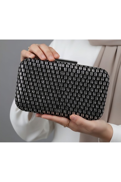 Telli Art Tel Kırma Abiye Çanta - Siyah, Gümüş İşlemeli, Zincirli