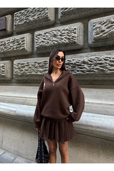 Julidress Coffee Oversized Zippered Sweatshirt and Mini Pleated Skirt Bottom Top Fleece-Lined Sets
